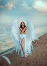 Young beautiful woman fallen angel stands on the sea beach enjoy nature. Creative sexy costume, huge artificial bird Royalty Free Stock Photo