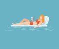 Young Beautiful Woman Floating on Air Mattress, Woman Relaxing in the Sea, Ocean or Swimming Pool at Summer Vacation