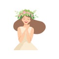 Young Beautiful Woman with Flower Wreath in Her Hair, Portrait of Happy Smiling Elegant Girl with Floral Wreath Vector Royalty Free Stock Photo