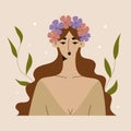 Young beautiful woman with a flower wreath on her head. Women's mental health, blooming brain, positive mind and