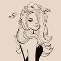 Young beautiful woman with flowers and butterfly. Vector fashion illustration.