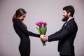 Young beautiful woman get flower bucket from his boyfriend