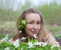 The young beautiful woman on a glade of blossoming snowdrops Royalty Free Stock Photo