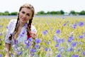 Young beautiful woman in green wheet field on summer day outdoors