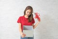 Young beautiful woman happy smiling and holding gift boxes presents Royalty Free Stock Photo