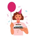 Young beautiful woman in a hat and with a cake blows out a candle. Birthday celebration. Postcard. Vector cartoon