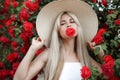 Young beautiful woman in a hat, near a large bush of red roses in the spring garden outdoors Royalty Free Stock Photo