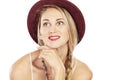 Young beautiful woman in hat smiling, close-up Royalty Free Stock Photo