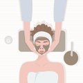 Young beautiful woman having head massage in spa salon. Top view vector illustration