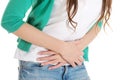 Young beautiful woman is having stomach ache. Royalty Free Stock Photo