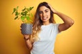 Young beautiful woman holding basil pot over yellow isolated background stressed with hand on head, shocked with shame and Royalty Free Stock Photo