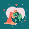 Young beautiful woman is holding and hugging planet globe. Her hair in the form of heart. World peace, no war, save nature, Royalty Free Stock Photo