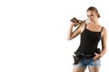 Young beautiful woman holding a sport gun on white background Royalty Free Stock Photo