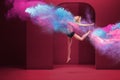 Young woman doing high jump inside of cloud of powder Royalty Free Stock Photo