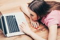 Young beautiful woman with laptop notebook on floor home surfing internet Royalty Free Stock Photo