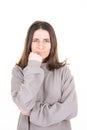 Young beautiful woman laughing posing camera shot on white background