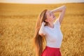 Young beautiful woman with long hair on wheat field background. Natural hair care Royalty Free Stock Photo