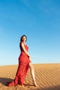 Young beautiful woman in long red dress with red rose petals among the desert. Desert rose conception. Royalty Free Stock Photo