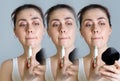 A young beautiful woman looks in the mirror and masks the rash on her face. Three photos with the subsequent result. The Royalty Free Stock Photo