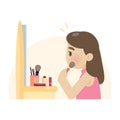 Young beautiful woman making makeup using a brush on face, vector flat design illustration.