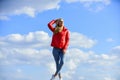 Young and beautiful. woman in model pose outdoors. feel free. woman enjoying weather outdoors. Freedom and expectation Royalty Free Stock Photo