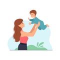 Young beautiful woman, mother holding baby boy in raised hands Royalty Free Stock Photo