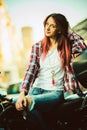 Young beautiful woman on motorcycle Royalty Free Stock Photo