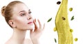 Young beautiful woman near splash of olive oil. Royalty Free Stock Photo