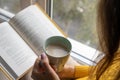 Young beautiful woman near window yellow knitted sweater read book