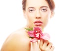 Young beautiful woman with pink flower Royalty Free Stock Photo
