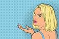 Young beautiful woman points a hand. Smile. Dialog window. Vector illustration in pop art style. Poster.