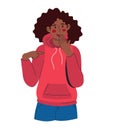 A young beautiful woman ponders the question and holds her chin. In a red hoodie and blue trousers. Vector illustration