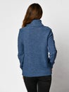 Young beautiful woman posing in new casual blue blouse sweater backside rear view Royalty Free Stock Photo