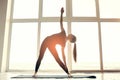 Young beautiful woman practicing yoga and gymnastic. Wellness concept. Classes in single sports.