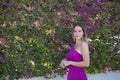 Young and beautiful woman in a purple dress, looking at the camera, posing with bougainvillea flowers in the background of the Royalty Free Stock Photo