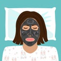 Young beautiful woman in pyjamas is relaxing at home with applied black peel-off mask on her face. Vector illustration Royalty Free Stock Photo