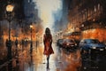 Young beautiful woman in red coat walking on the street. Watercolor painting