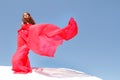 Young beautiful woman in red dress over bly sky Royalty Free Stock Photo