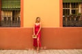 young beautiful woman in a red silk dress holds a pink handbag in her hands. The woman is leaning against a red and yellow wall in Royalty Free Stock Photo