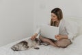 Young beautiful woman relaxing using laptop computer and stroking her gray Maine Coon cat in the bedroom. Working from home. Royalty Free Stock Photo