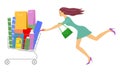 Young beautiful woman rolls full shopping cart. Royalty Free Stock Photo