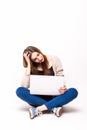 Young beautiful woman sad having trouble with her computer Royalty Free Stock Photo