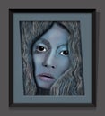 A young beautiful woman is seen as artwork that looks like an etching and is framed