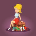 Young Beautiful Woman Sitting on Overflowed Suitcase. Cartoon Tourist Girl