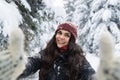 Young Beautiful Woman Smile Camera Taking Selfie Photo In Winter Snow Forest Girl Outdoors Royalty Free Stock Photo