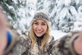 Young Beautiful Woman Smile Camera Taking Selfie Photo In Winter Snow Forest Girl Outdoors Royalty Free Stock Photo