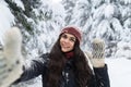 Young Beautiful Woman Smile Camera Taking Selfie Photo In Winter Snow Forest Girl Outdoors