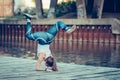 Young beautiful woman is standing on hands, holding legs in air Royalty Free Stock Photo