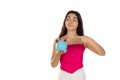 Young beautiful woman standing with piggy bank money box Royalty Free Stock Photo