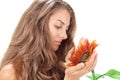 Young beautiful woman with sunflower near face Royalty Free Stock Photo